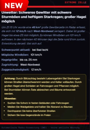 Der neue Warnbericht beim Klick auf eine Gewitterzelle